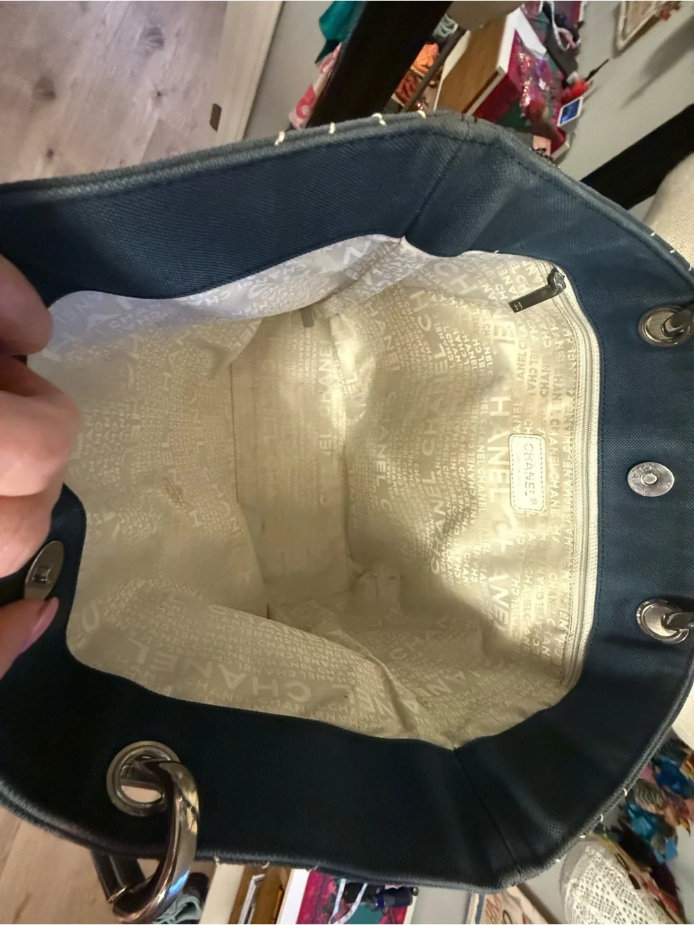 Chanel Navy Blue Tote with Number 5 Charm and Black Leather Pocket